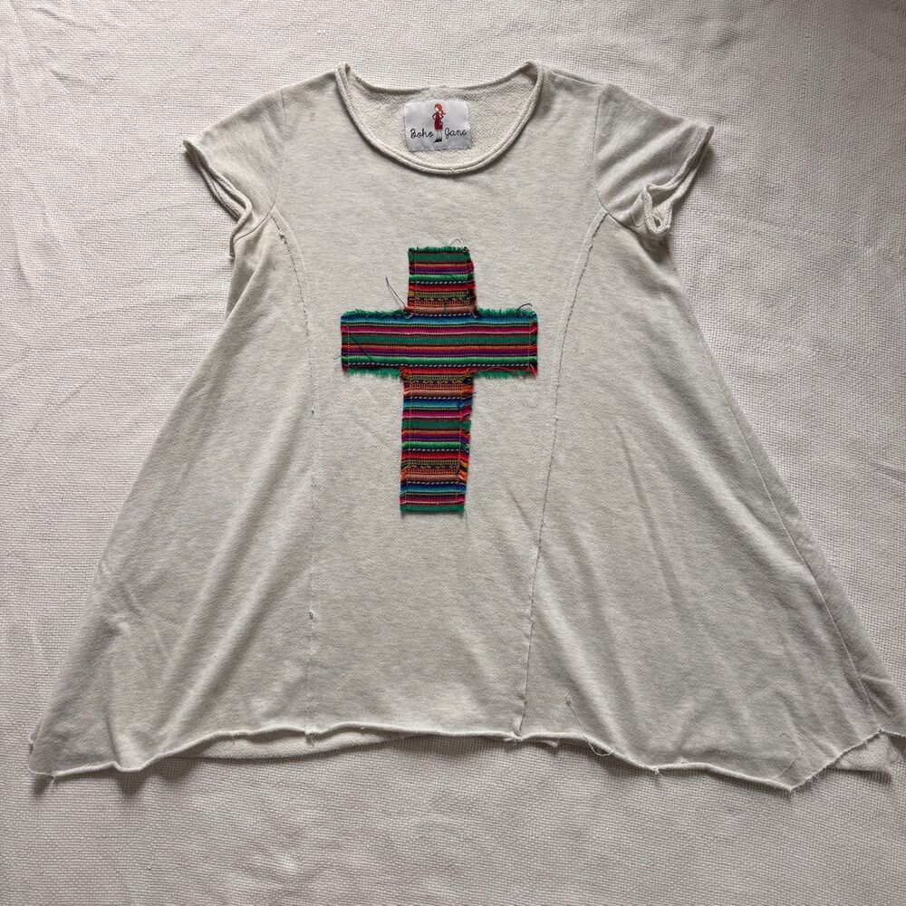 Boho Jane Cream Serape Cross Graphic Tunic Top - Raw Hem - Size M
